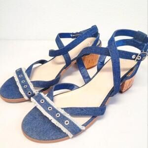 Cato Denim Fringe Open Toe Cross Ankle Strap 2.5" Heels Sandals Size 10